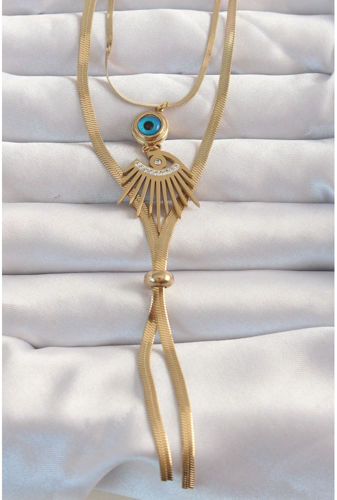 Shoecide 316l Çelik Gold Renk Zirkon Taşlı Göz Detay Nazarlı Uzun Asansör Model Kolye