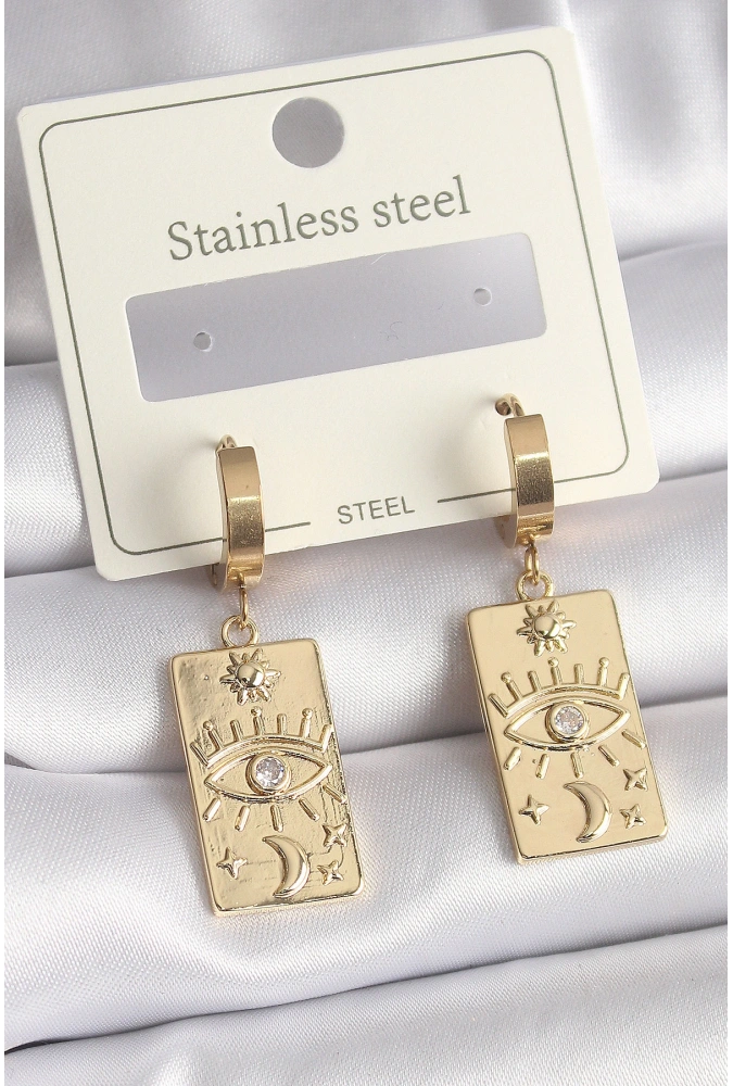 Shoecide 316l Çelik Gold Renk Zirkon Taşlı Göz İşleme Detay Plaka Model Kadın Küpe