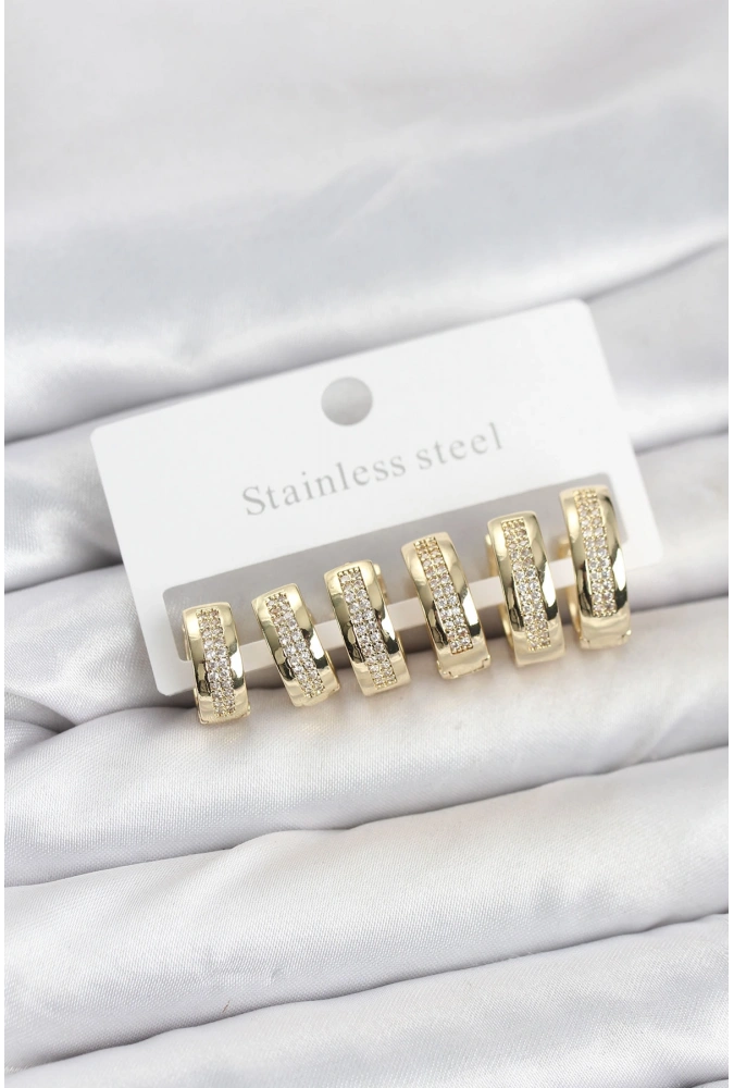 Shoecide 316l Çelik Gold Renk Zirkon Taşlı Halka Küpe Seti