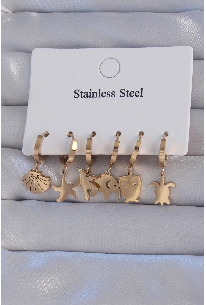 Shoecide 316l Çelik Gold Renk Zirkon Taşlı Hayvan Figürlü Deniz Yıldızı Model Halka Küpe Seti