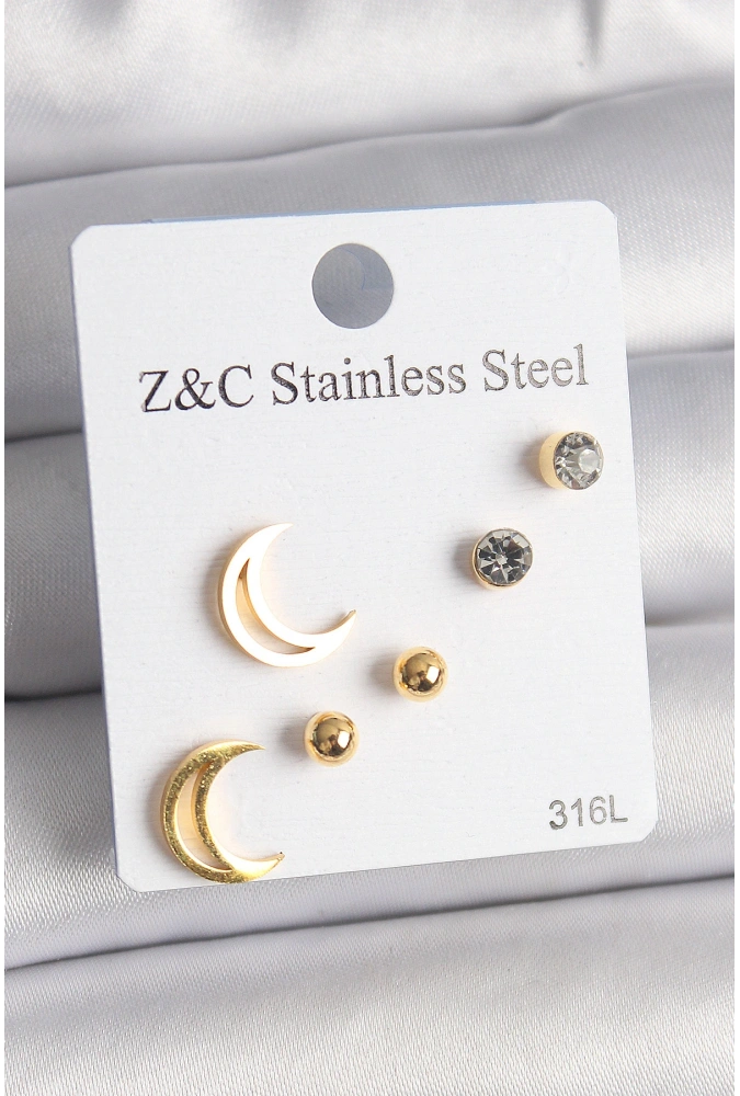 Shoecide 316l Çelik Gold Renk Zirkon Taşlı Hilal Model Kadın Küpe Seti