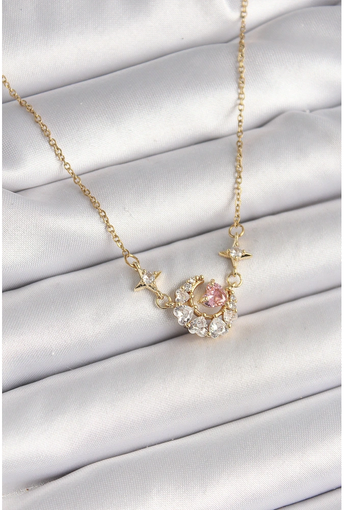 Shoecide 316l Çelik Gold Renk Zirkon Taşlı Hilal Pembe Kalp Model Kadın Kolye