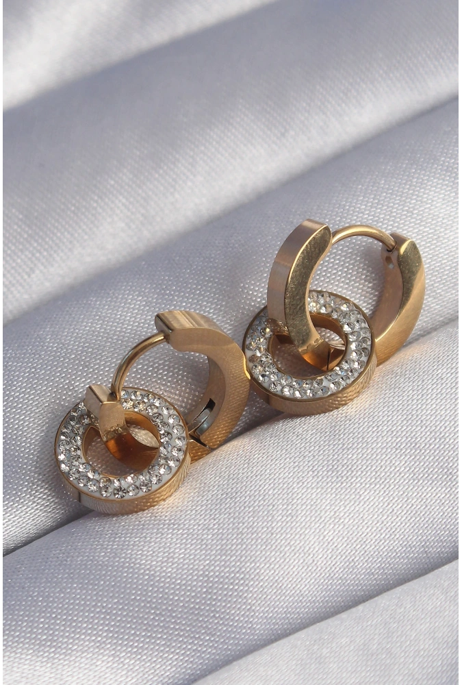 Shoecide 316l Çelik Gold Renk Zirkon Taşlı İç İçe Geçmeli Oval Küpe