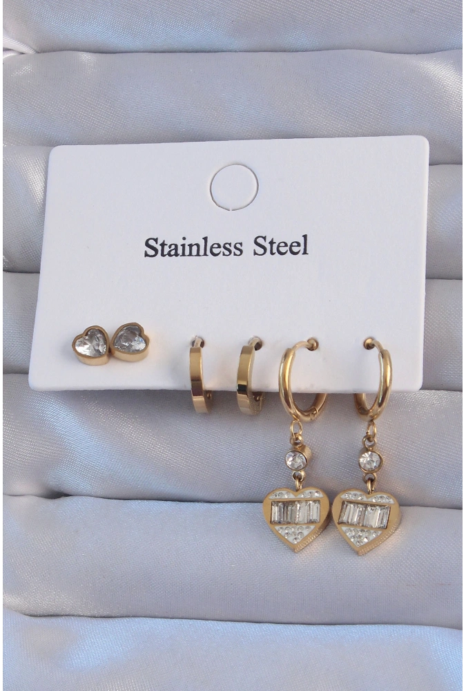 Shoecide 316l Çelik Gold Renk Zirkon Taşlı Kalp Model Halka Küpe Seti