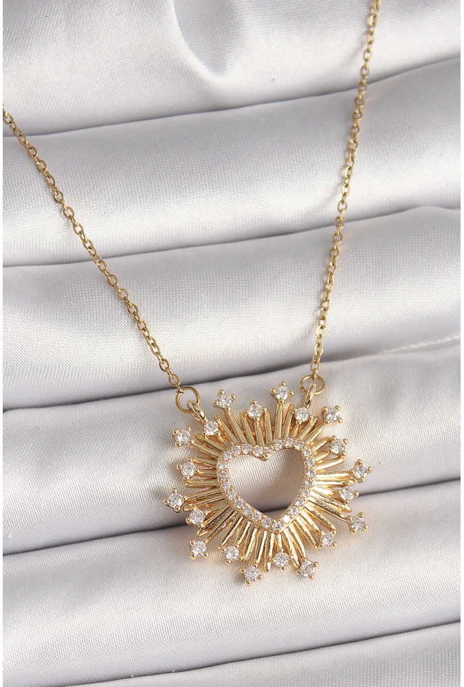 Shoecide 316l Çelik Gold Renk Zirkon Taşlı Kalp Model Kadın Kolye