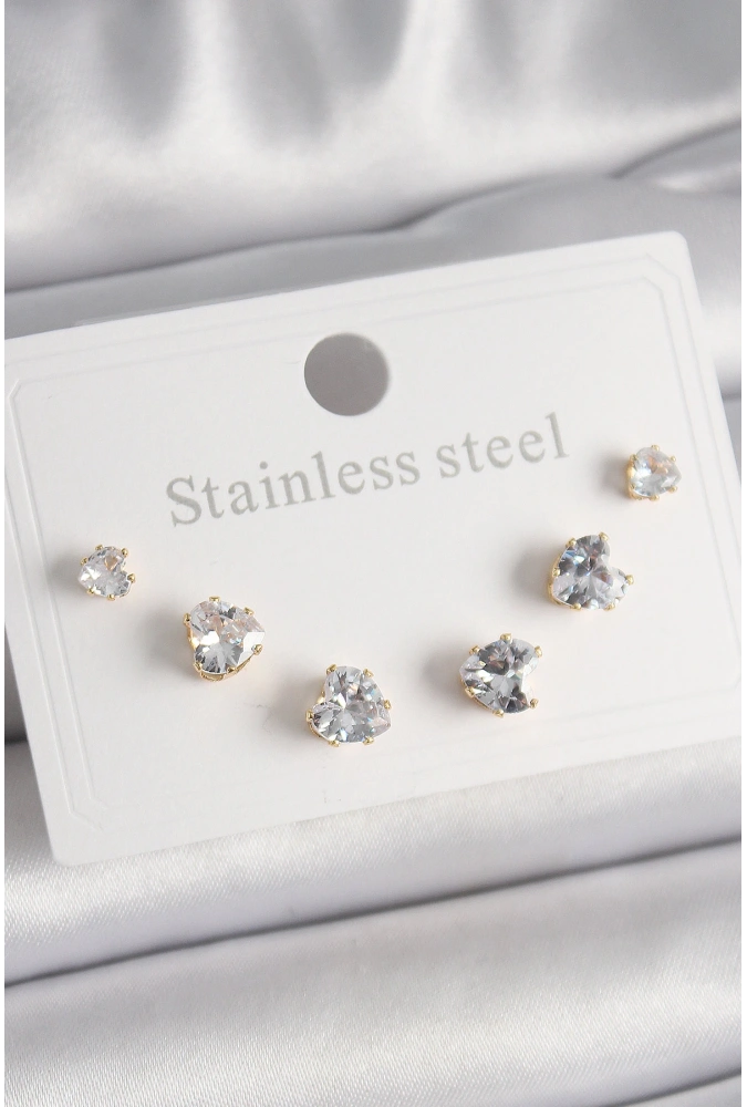 Shoecide 316l Çelik Gold Renk Zirkon Taşlı Kalp Model Kadın Küpe Seti