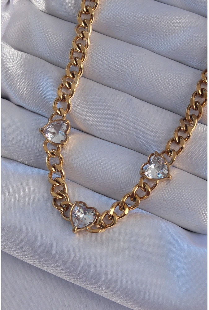 Shoecide 316l Çelik Gold Renk Zirkon Taşlı Kalp Model Zincir Kolye