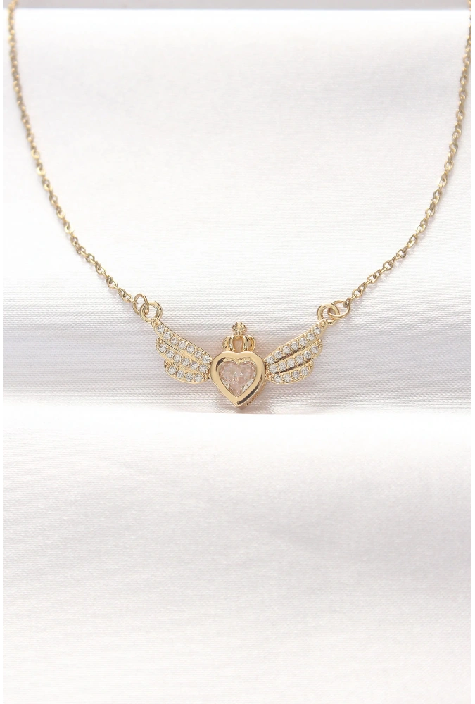 Shoecide 316l Çelik Gold Renk Zirkon Taşlı Kalpli Kanat Kolye