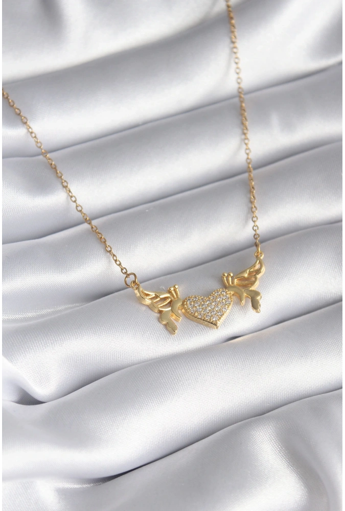 Shoecide 316l Çelik Gold Renk Zirkon Taşlı Kanatlı Kalp Model Kadın Kolye