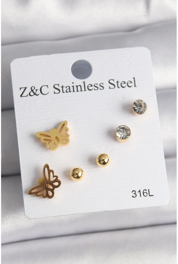 Shoecide 316l Çelik Gold Renk Zirkon Taşlı Kelebek Figür Kadın Küpe Seti