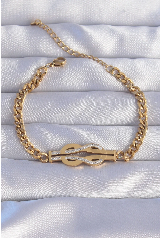 Shoecide 316l Çelik Gold Renk Zirkon Taşlı Kemer Tokası Model Zincir Bileklik