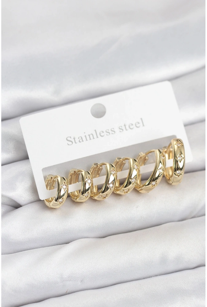 Shoecide 316l Çelik Gold Renk Zirkon Taşlı Kutup Yıldızı Model Halka Küpe Seti