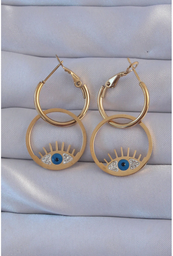 Shoecide 316l Çelik Gold Renk Zirkon Taşlı Mavi Göz Tasarımlı Halka Küpe