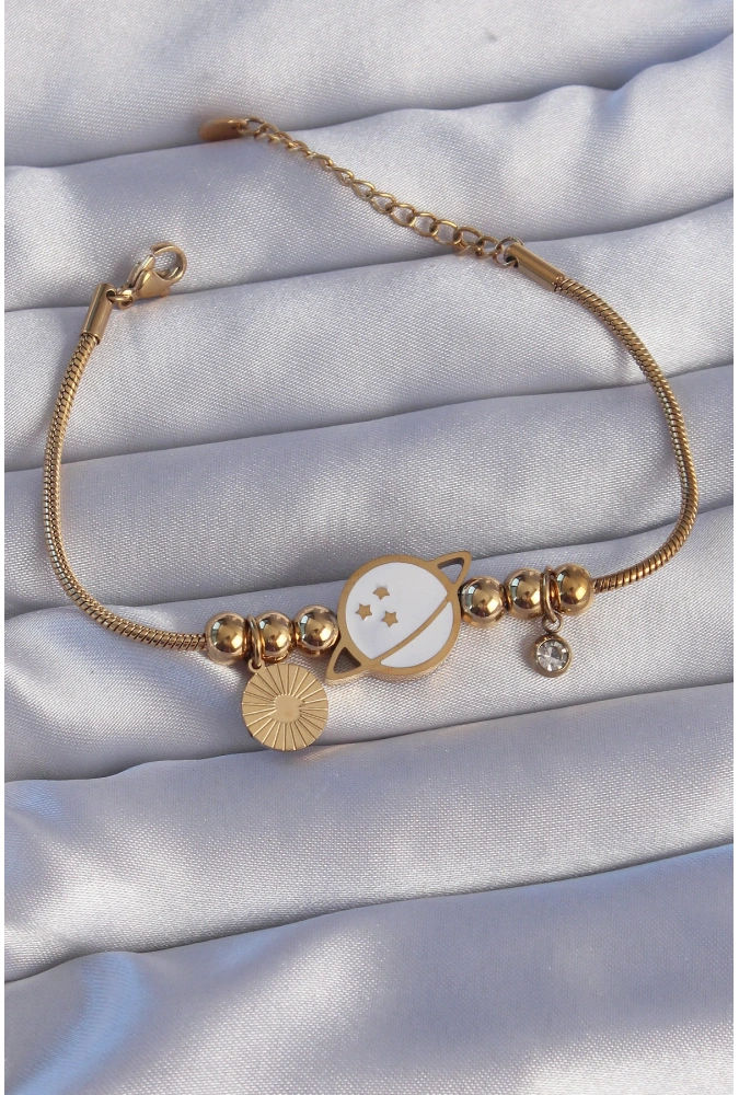 Shoecide 316l Çelik Gold Renk Zirkon Taşlı Mineli Satürn Tasarımlı Bileklik