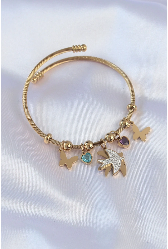 Shoecide 316l Çelik Gold Renk Zirkon Taşlı Minimal Kalp Detay Kelebek Charm Bileklik