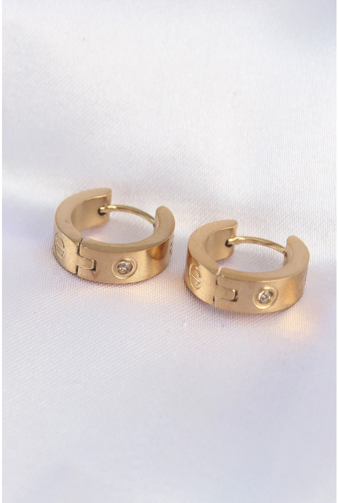 Shoecide 316l Çelik Gold Renk Zirkon Taşlı Minimal Model Halka Küpe