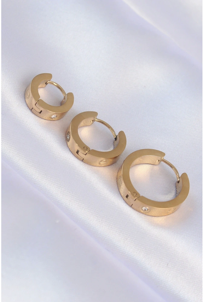 Shoecide 316l Çelik Gold Renk Zirkon Taşlı Model 3lü Halka Küpe