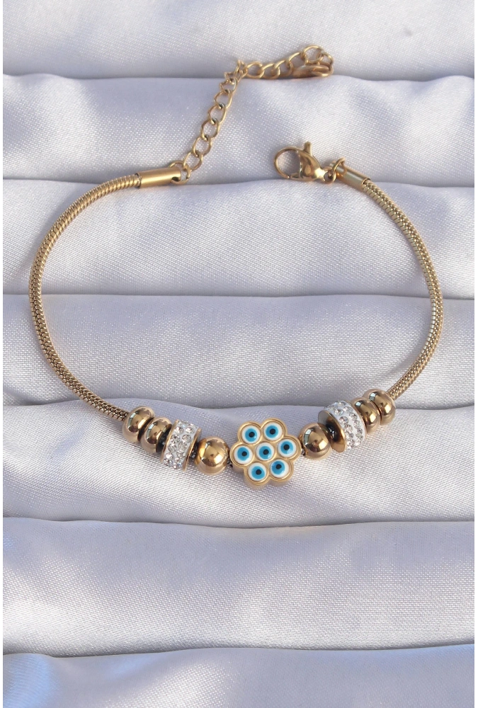 Shoecide 316l Çelik Gold Renk Zirkon Taşlı Nazarlı Çiçek Tasarımlı Bileklik