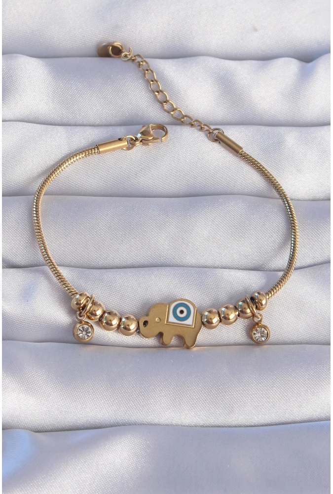 Shoecide 316l Çelik Gold Renk Zirkon Taşlı Nazarlı Fil Tasarımlı Bileklik