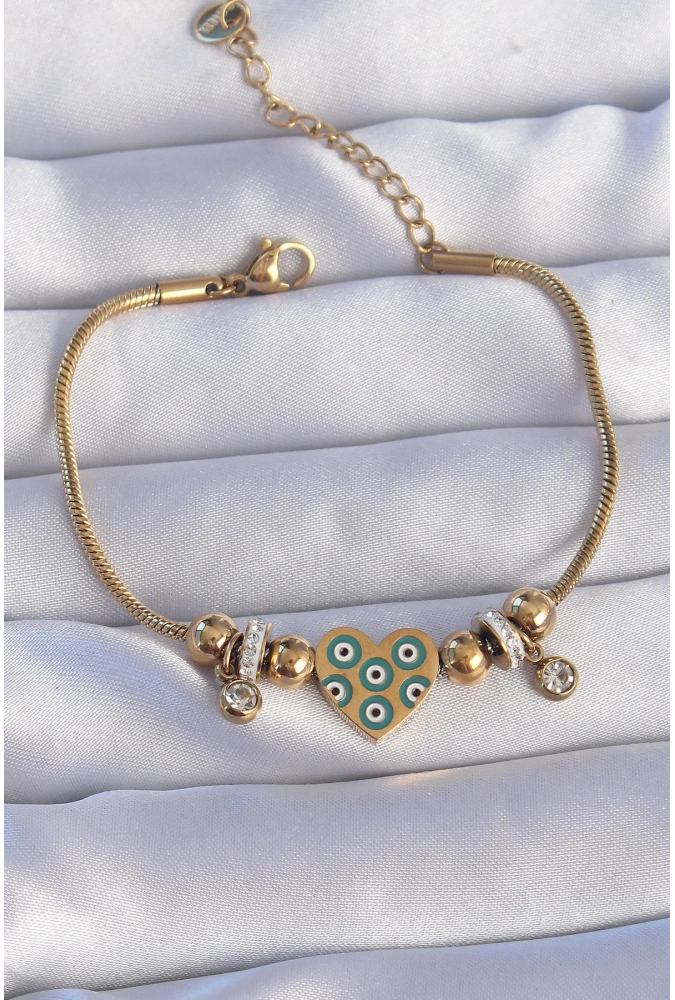 Shoecide 316l Çelik Gold Renk Zirkon Taşlı Nazarlı Kalp Tasarımlı Bileklik