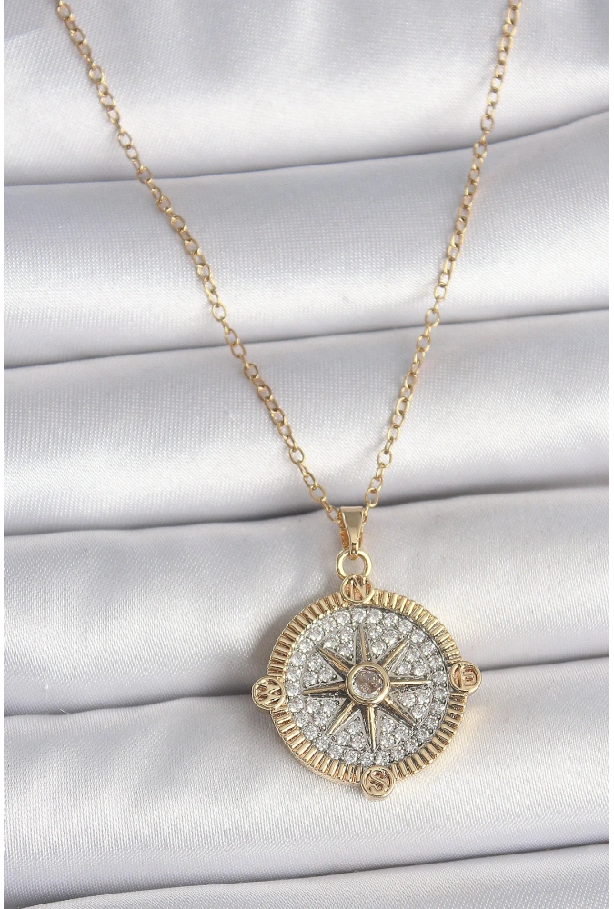 Shoecide 316l Çelik Gold Renk Zirkon Taşlı Pusula Model Kadın Kolye