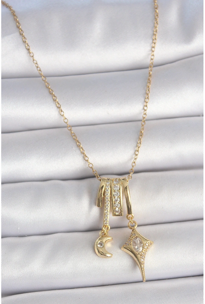 Shoecide 316l Çelik Gold Renk Zirkon Taşlı Sallantı Ay Yıldız Figür Charm Kadın Kolye