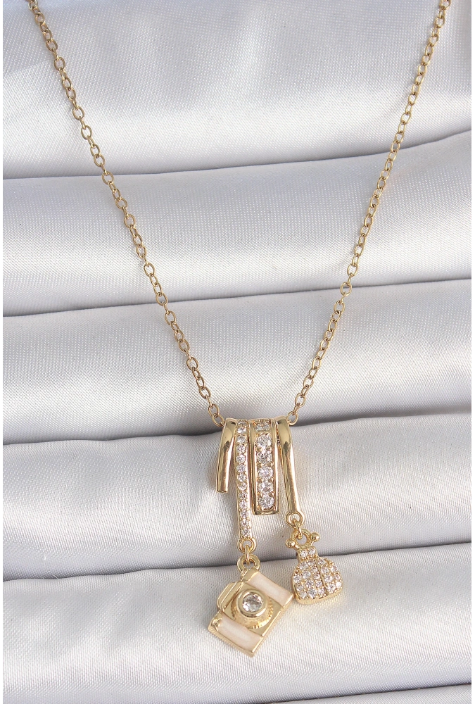 Shoecide 316l Çelik Gold Renk Zirkon Taşlı Sallantı Fotoğraf Makinası Figür Charm Kadın Kolye
