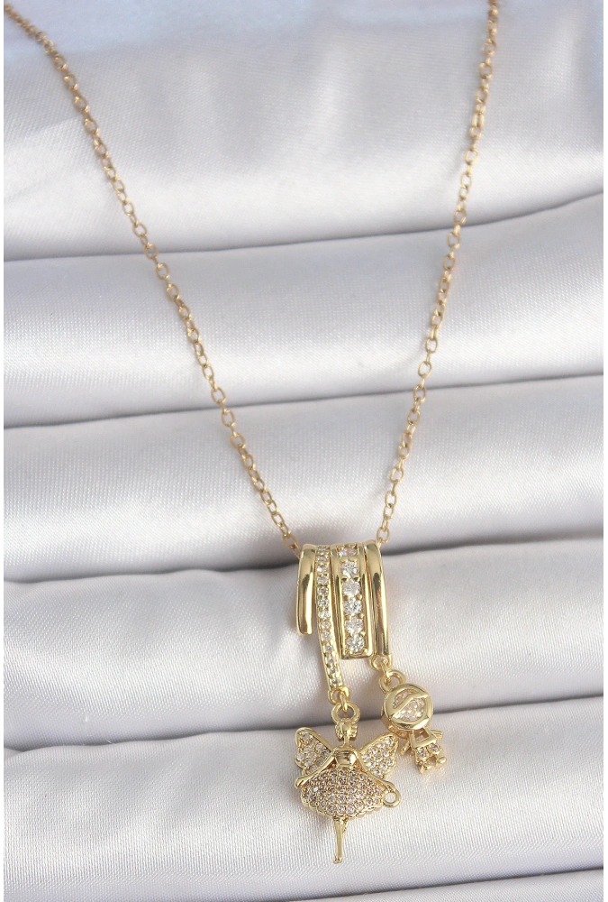 Shoecide 316l Çelik Gold Renk Zirkon Taşlı Sallantı Melek Figür Charm Kadın Kolye