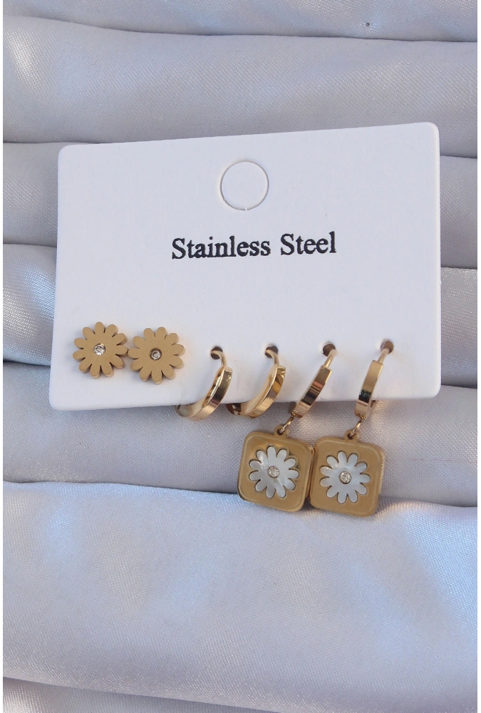 Shoecide 316l Çelik Gold Renk Zirkon Taşlı Sedefli Papatya Model Halka Küpe Seti