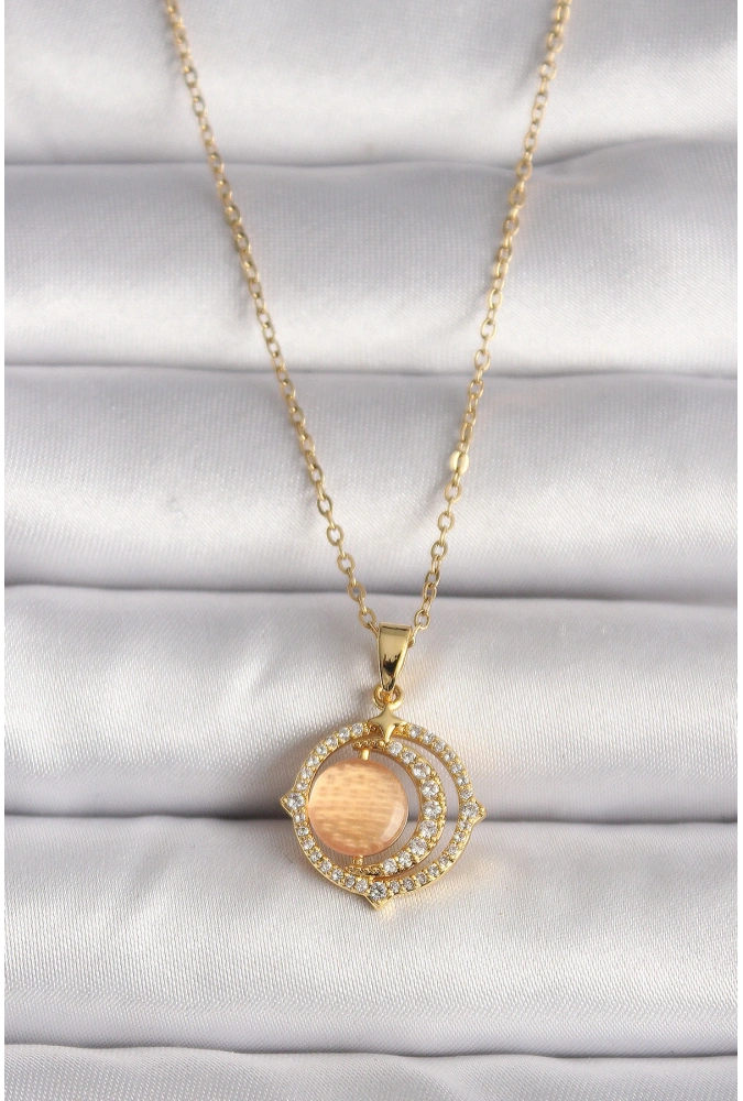 Shoecide 316l Çelik Gold Renk Zirkon Taşlı Turuncu Sedefli Hilal Model Kadın Kolye