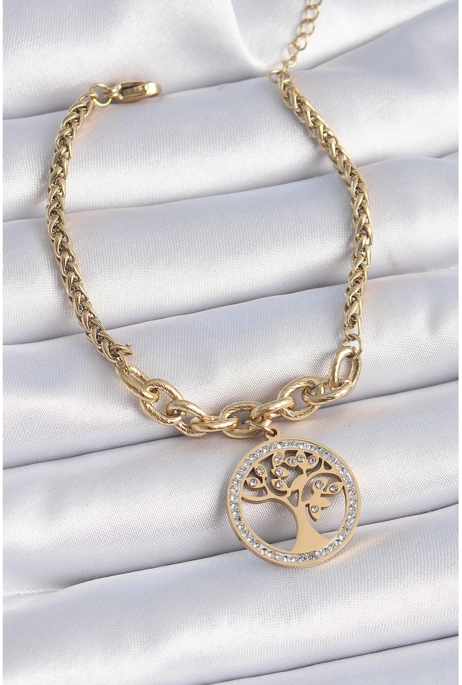 Shoecide 316l Çelik Gold Renk Zirkon Taşlı Yaşam Ağacı Figür Kadın Bileklik