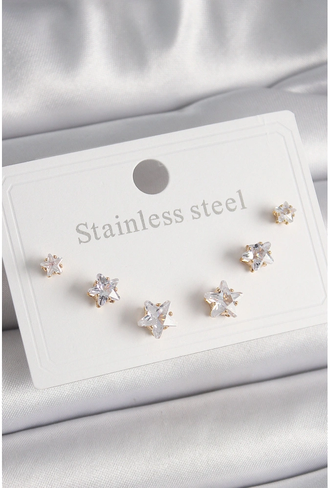 Shoecide 316l Çelik Gold Renk Zirkon Taşlı Yıldız Model Kadın Küpe Seti