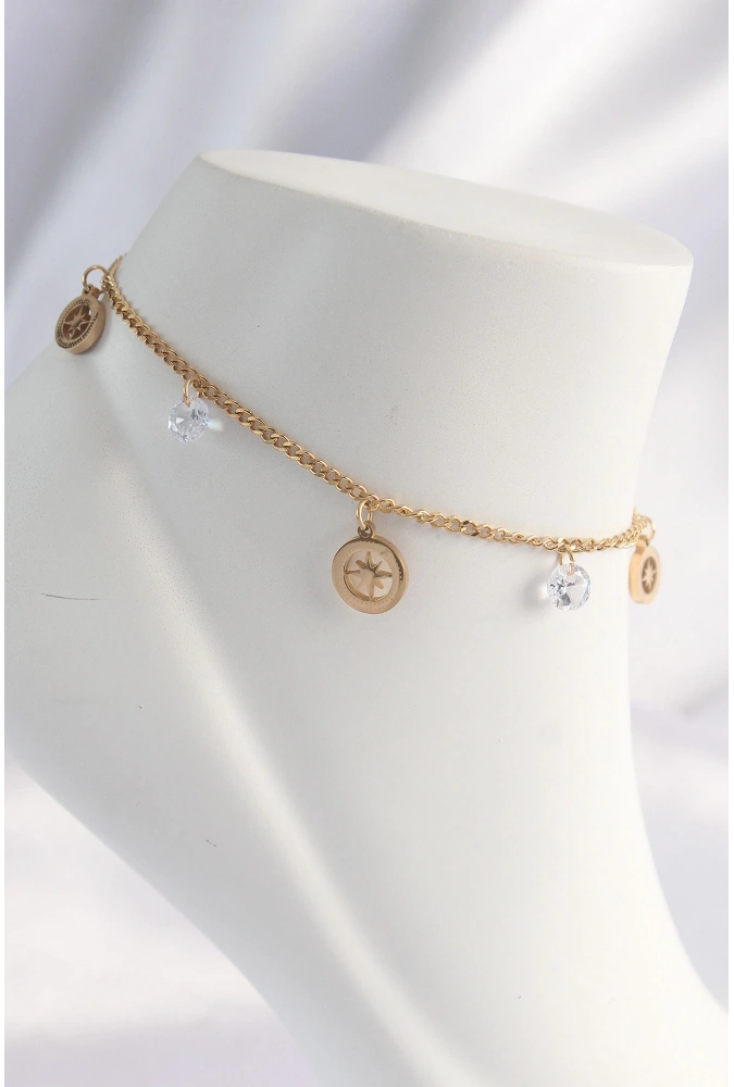 Shoecide 316l Çelik Gold Renk Zirkon Taşlı Yıldızlı Halhal