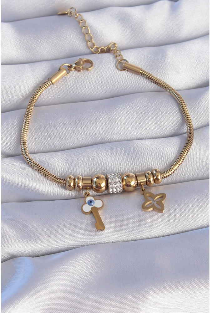 Shoecide 316l Çelik Gold Renk Zirkon Taşlı Yonca Detay Nazarlı Anahtar Tasarımlı Bileklik