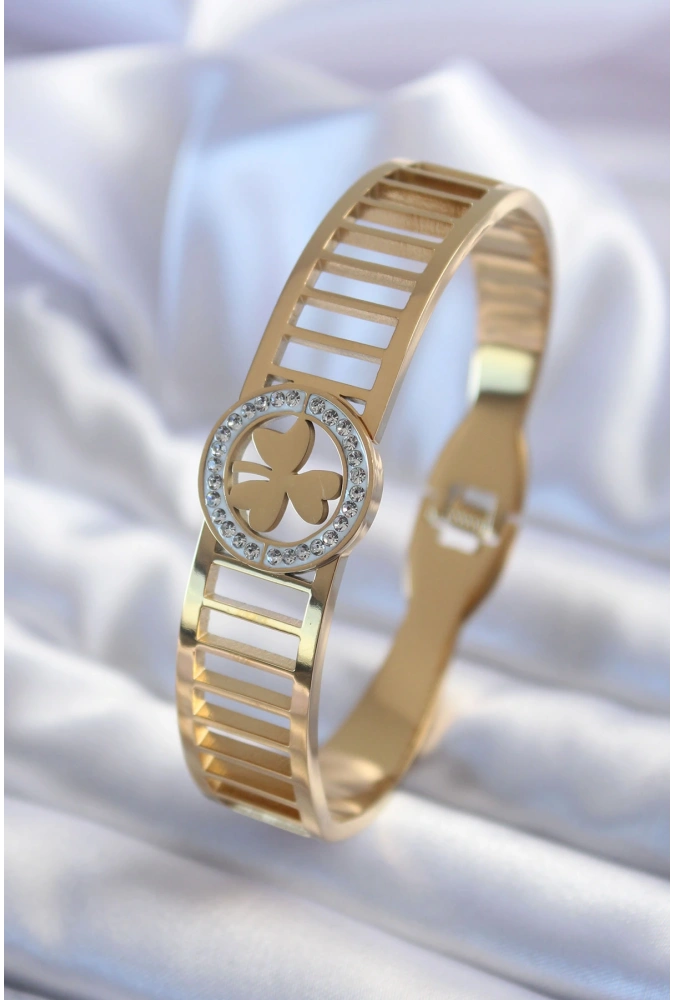 Shoecide 316l Çelik Gold Renk Zirkon Taşlı Yonca Model Kadın Kelepçe