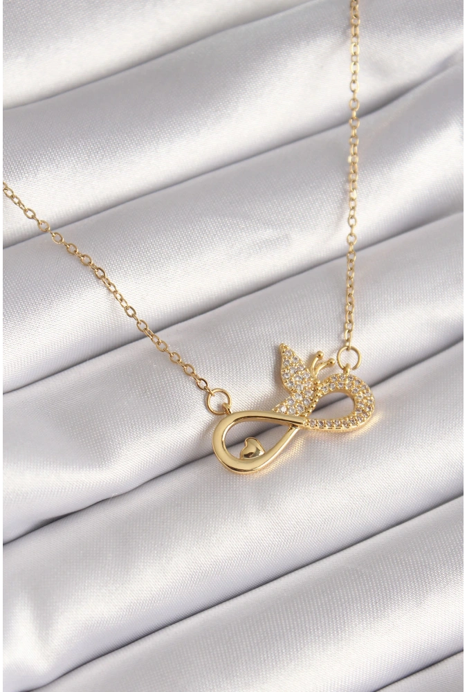 Shoecide 316l Çelik Gold Renk Zirkon Zincir Taşı Sonsuzluk Kelebek Model Kadın Kolye