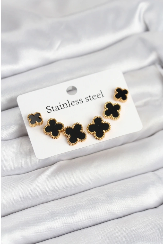 Shoecide 316l Çelik Gold Siyah Renk 3 Boy Yonca Küpe Seti