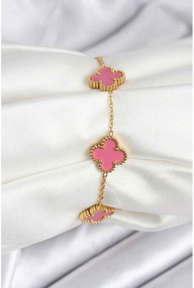 Shoecide 316l Çelik Gold Zincir Pembe Yonca Renk Bileklik