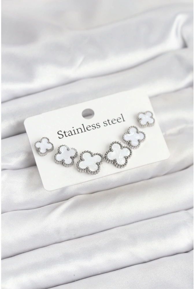 Shoecide 316l Çelik Gümüş Beyaz Renk 3 Boy Yonca Küpe Seti