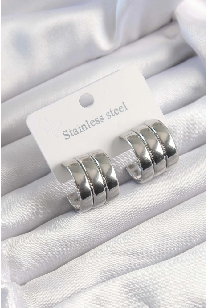 Shoecide 316l Çelik Gümüş Renk 3lü Görünüm Bombe Model Yarım Halka Küpe