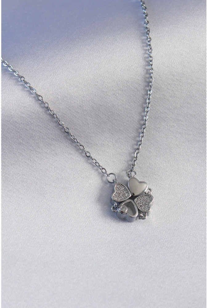 Shoecide 316l Çelik Gümüş Renk Açılır Zirkon Taşlı Yonca Model Kadın Kolye