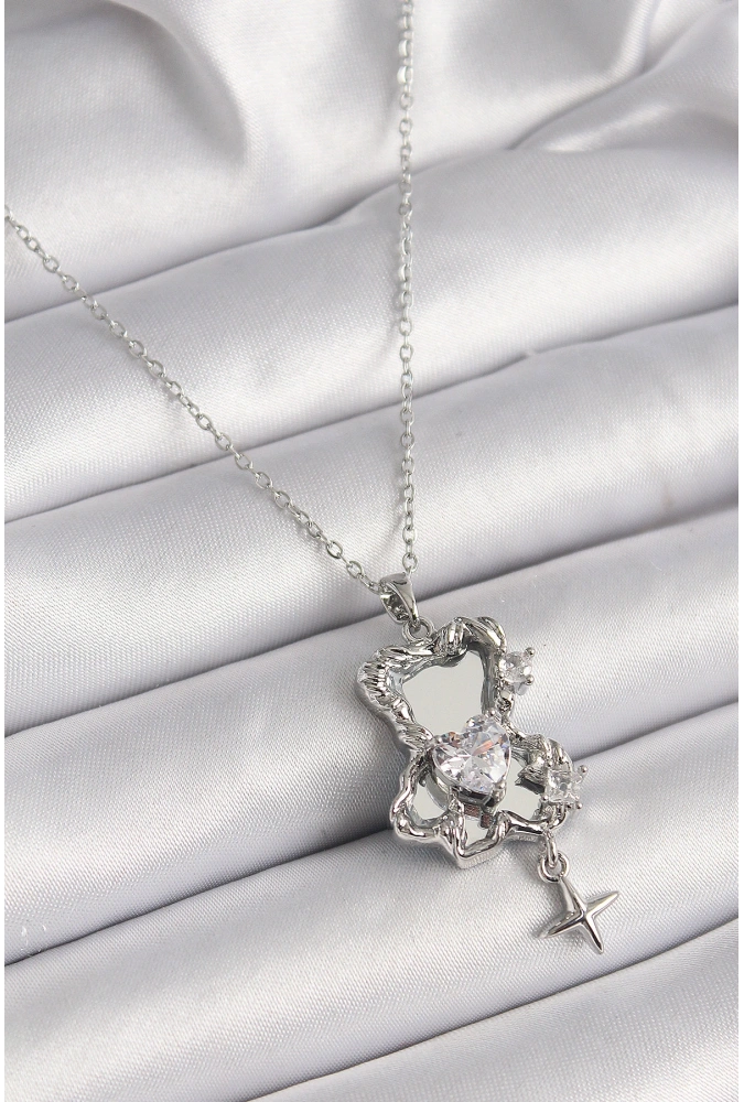 Shoecide 316l Çelik Gümüş Renk Ayna Ayıcık Model Zirkon Taşlı Kalp Detay Kadın Kolye