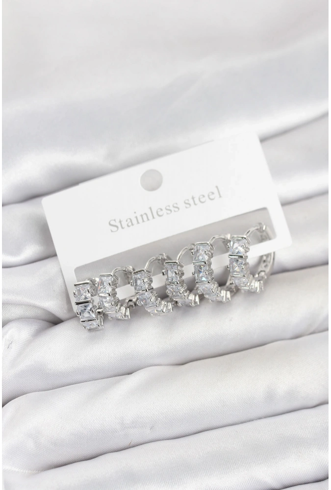 Shoecide 316l Çelik Gümüş Renk Baget Zirkon Taşlı Halka Küpe Seti