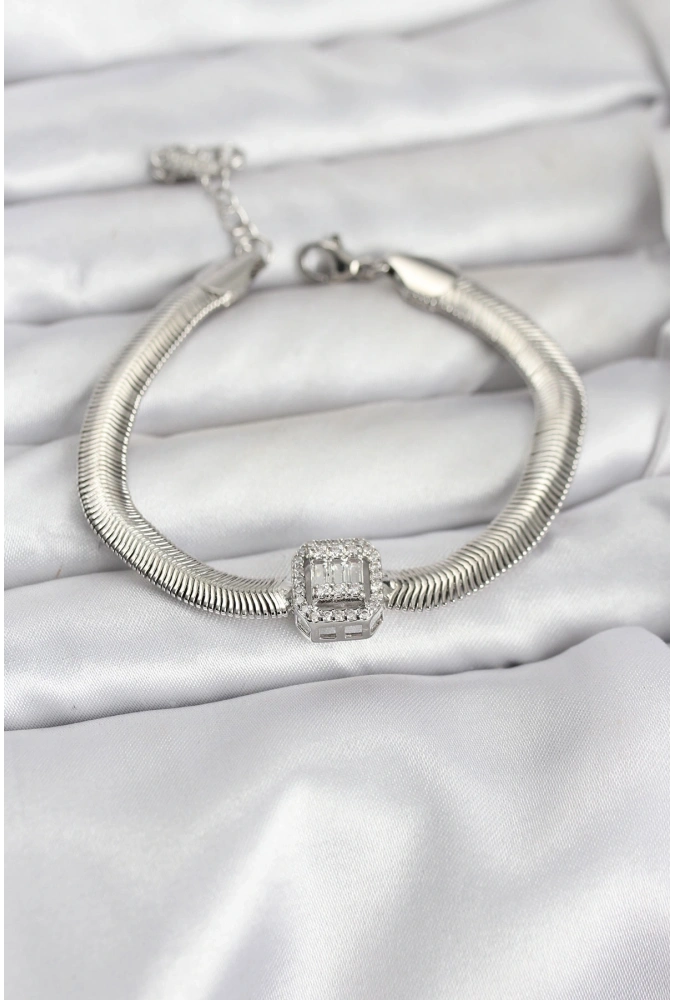 Shoecide 316l Çelik Gümüş Renk Baget Zirkon Taşlı Yılan Zincirli Kadın Bileklik