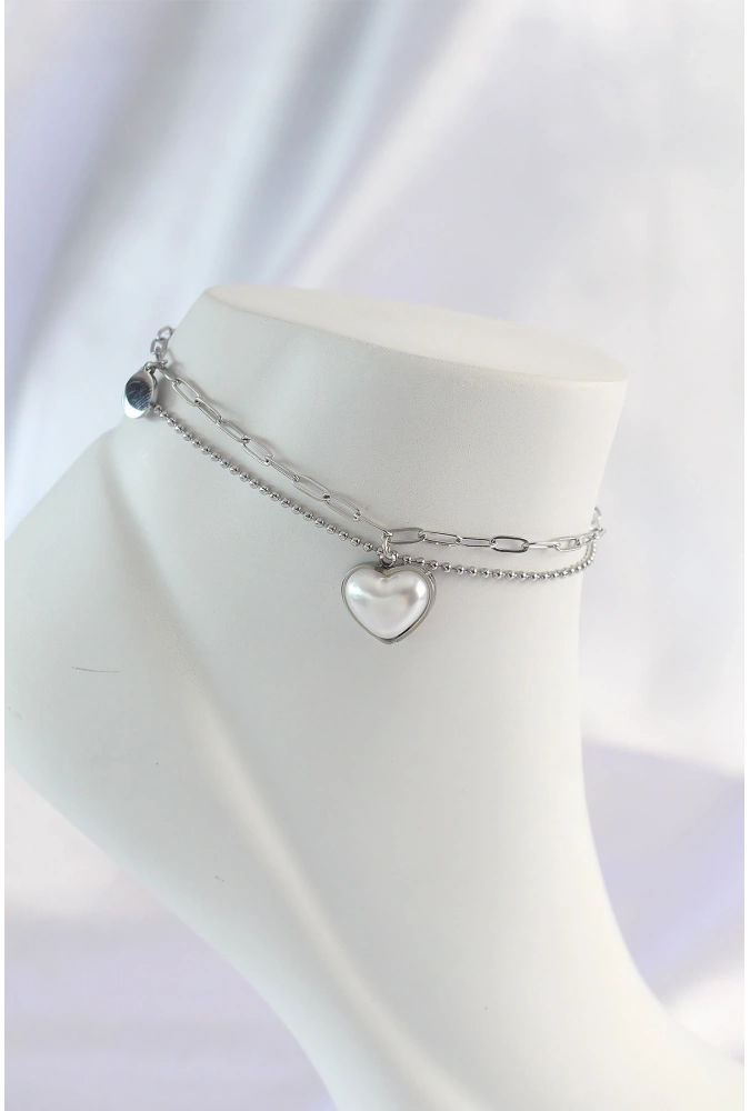 Shoecide 316l Çelik Gümüş Renk Beyaz Kalpli 2li Halhal