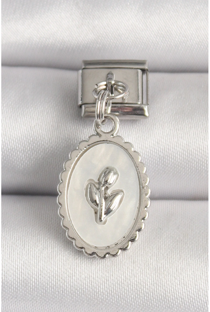 Shoecide 316l Çelik Gümüş Renk Beyaz Mineli Çiçek İşlemeli Nomination Charm