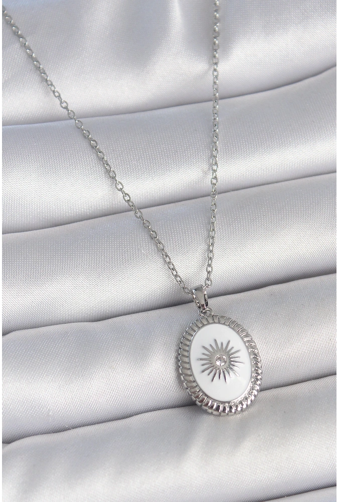 Shoecide 316l Çelik Gümüş Renk Beyaz Mineli Güneş İşlemeli Nazar Boncuk Detay Madalyon Model Kadın Kolye