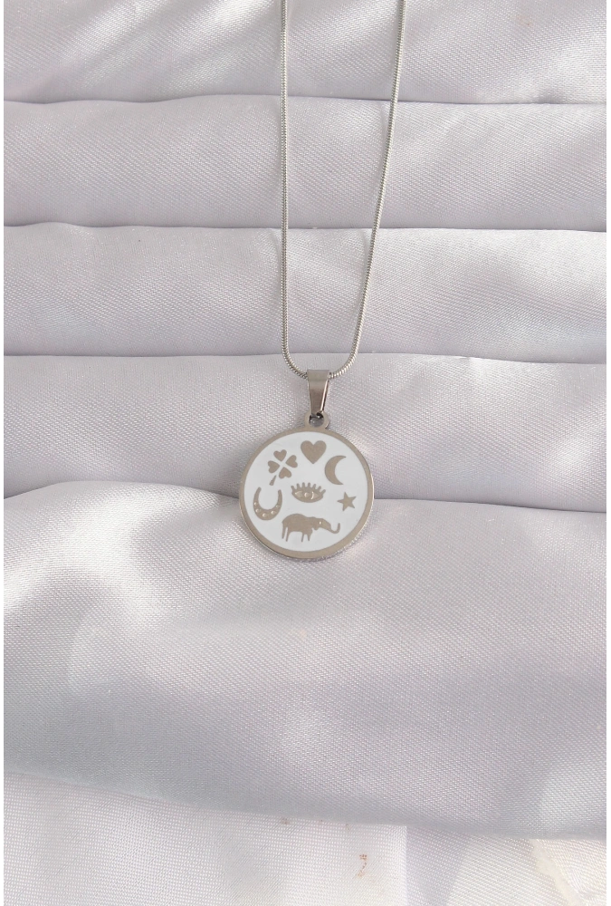 Shoecide 316l Çelik Gümüş Renk Beyaz Mineli Karışık Figürlü Tarot Kolye