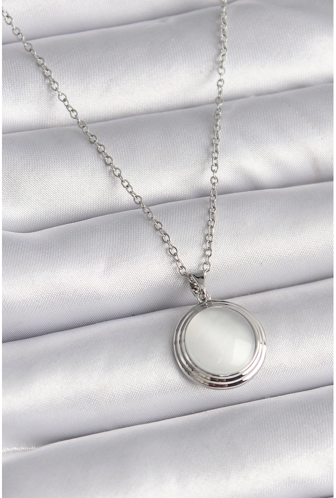 Shoecide 316l Çelik Gümüş Renk Beyaz Sedefli Daire Model Kadın Kolye