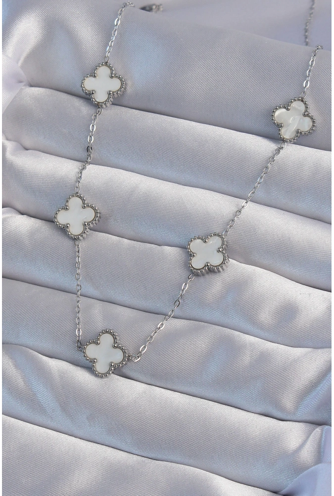 Shoecide 316l Çelik Gümüş Renk Beyaz Sedefli Yonca Kolye